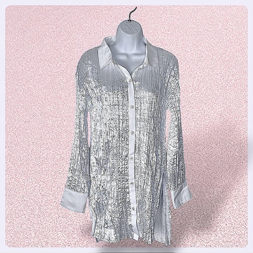 NWT Free People White Collared Top Satin Crinkle Button Up Blouse Stretch M (L)